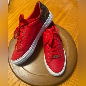 Guess Vibrant Red Sneakers With Animal Print Detail Women Size 9.5